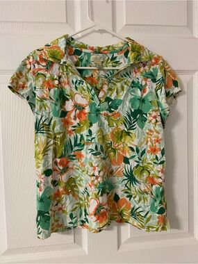 T39a- CARRIBEAN JOE Tropical-Floral Henley HAWAIIAN Summer Shirt